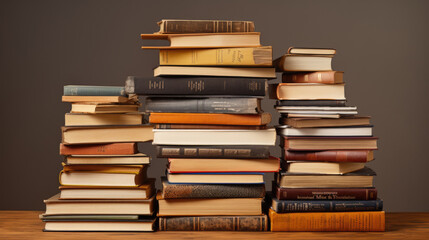 Poster - Stack of books on wooden table against a grey background. Created with Generative AI technology.