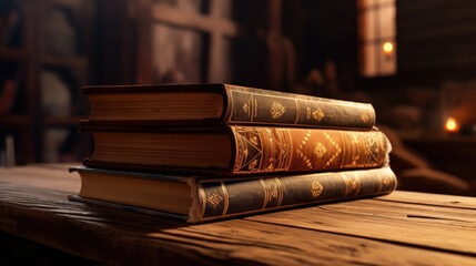Poster - Stack of Old books on wooden table in library .Created with Generative AI technology.