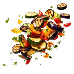 Grilled vegetable slices falling on transparent backround.