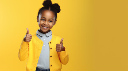 Poster - Cheerful happy young small schoolgirl make fingers thumbs up smile isolated on yellow color background.Created with Generative AI technology.