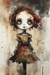 Wall Mural - creepy horror doll. watercolor design. generative AI