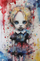 Wall Mural - creepy horror doll. watercolor design. generative AI