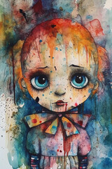 Wall Mural - abstract painting of a portrait of a creepy horror doll. watercolor design. generative AI