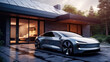 Car parked in a modern home driveway, EV vehicle in luxury house.