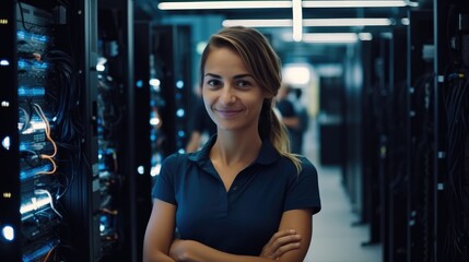 Canvas Print - Portrait of beautiful female technician in server room.