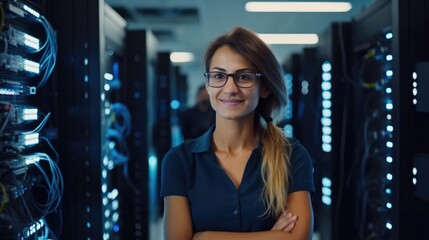 Fototapete - Portrait of beautiful female technician in server room.