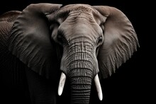 Big Elephant With Tusks On Dark Background.