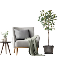 Wall Mural - Minimal interior design ideas for a modern home featuring a vintage gray armchair with a white cushion and blanket, a table adorned with a green potted plant, against a light wall background. The