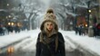 Street portrait of a beautiful fictional blonde woman wearing winter clothes in a snowing city street. Generative AI.