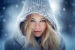 © Tuyres - Portrait of a beautiful fictional blonde woman wearing winter clothes in the snow. Generative AI.