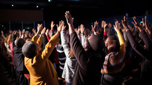 Attendees Worshipping Together With Uplifted Hands, Church Conference, Banner Generative AI
