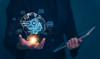 Fototapete - Chatbot chat with AI artificial intelligence. Concept of using AI technology to help work in order to work easier and faster. Future technology development business.