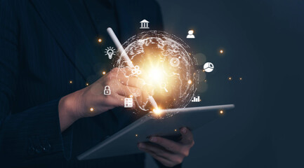 Poster - Internet connection applications for business and digital marketing, finance and banking, digital link technology, big data, business people are using laptops to connect to the internet.