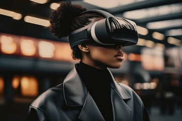 Aufkleber - Stylish black woman standing on street in VR glasses while at city.