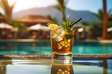 Mix Of Cocktails By The Pool. Vacation And Holiday Resort Concept With Refreshment Drinks