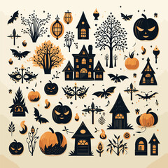 set of halloween ornaments, such as pumpkin, jack o'lantern, skull, witch, old house, old tree. halloween icons and stickers