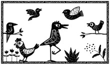 Set Of Birds Of Various Sizes. Woodcut Style And Cordel Literature