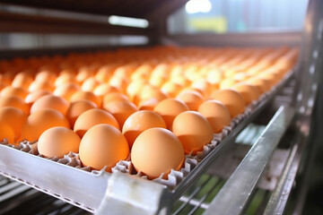 Chicken eggs move along a conveyor in a poultry farm. Food industry concept, chicken egg production.