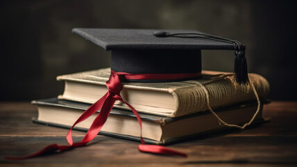 Wall Mural - photograph of A mortarboard and graduation scroll, tied with red ribbon, on a stack of old battered book with empty space to the left. telephoto lens realistic natural lighting