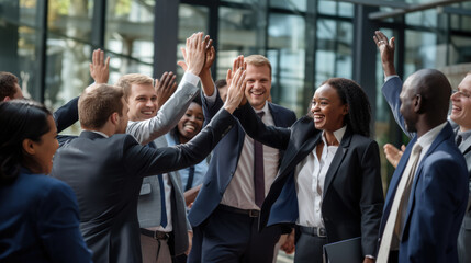 Wall Mural - Motivated multinational team raise high fives after finding problem solution as successful brainstorm result.