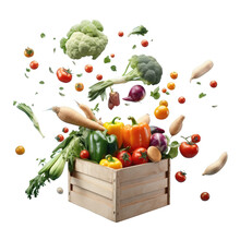 Vegetables Flying In A Wooden Box On A Blue Background.
