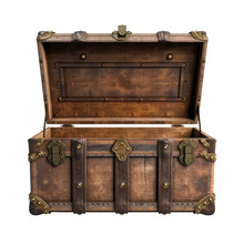 Empty Old Trunk With Open Lid, Isolated On Transparent.