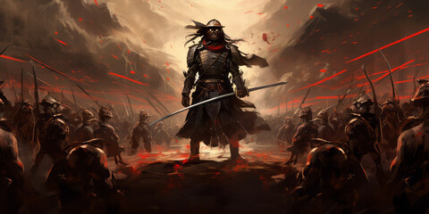 A samurai with a katana stands ready to fight against a huge army