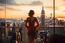 Successful Woman Standing On Luxury Balcony, Back View Of Rich Female Silhouette At Sunset In New York City 
