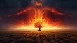 burning tree on a field , ai generated