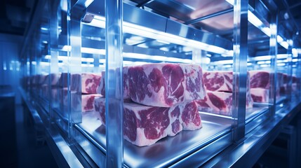 Artificial meat is produced in the laboratory. Analysis of the composition of meat and test tubes with pieces of beef. Technology of growing food products from chicken and pork fibers. Generative AI.
