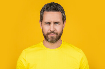 Wall Mural - bearded man wear yellow tshirt on background. man wear yellow tshirt in studio.