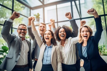 Group of diverse business people raising hands celebrating success