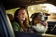 young woman drives car with her dog , AI Generated