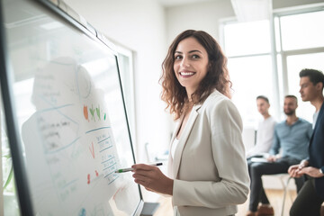 happy and confident young Caucasian woman stands in front of a whiteboard, tool to deliver an engaging and informative presentation, captivating her audience with her knowledge and enthusiasm