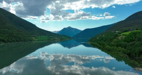 Wall Mural - Aerial of the blue sky reflected n the calm river with mountains in the background