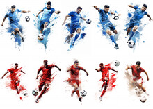 Set Of Watercolor Design Of A Red And Blue Soccer Player. Man Isolated On White Background. Fit Jumping Man In Action, Jump, Movement At Game. Generative Ai