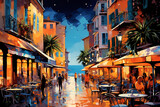 Fototapeta Uliczki - French or Italian riviera street in town at sunset painting with sea beyond