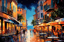 French Or Italian Riviera Street In Town At Sunset Painting With Sea Beyond