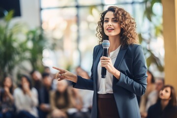 Successful female business entrepreneur professional giving seminar in front of audience