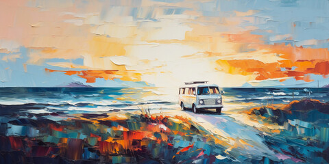 Wall Mural - Aerial view of a modern white camper van on a coastal road at dusk, abstract expressionism style with strong brush strokes, vivid colors, creating an adventurous atmosphere