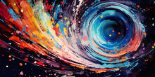 Conceptual Art Of A Telescope Lens, Reflecting A Swirl Of Galaxies, Distorted Perspective, Metallic Surface With High Contrast, Splashes Of Bright Colors, Energetic, Dynamic