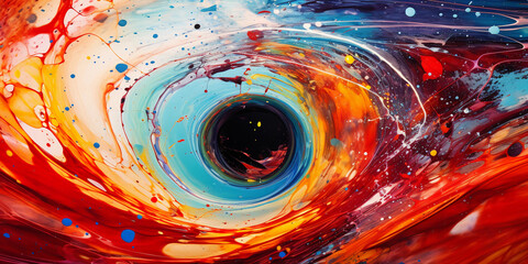 Wall Mural - Conceptual art of a telescope lens, reflecting a swirl of galaxies, distorted perspective, metallic surface with high contrast, splashes of bright colors, energetic, dynamic