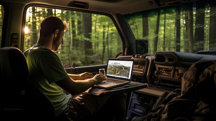 Man working on laptop in his van conversion, panoramic windows with forest view