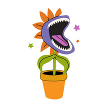 Vector Hungry  Carnivorous Plant In Pot. Happy Halloween. Venus Fly Trap Catches A Fly. Vector Illustration