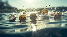 Bitcoin Tokens Dropping Into A Still Pool Of Water