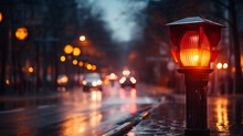 Illuminated Red Caution Light On The Nighttime Street: Alerting Beacon Or Cautionary Signal. Generative AI