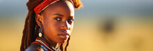 Breathtaking Maasai Female Warrior In Traditional Attire, Striking Red Hair, Profile View On The Expansive, Blurred Serengeti Plains Backdrop. Generative AI