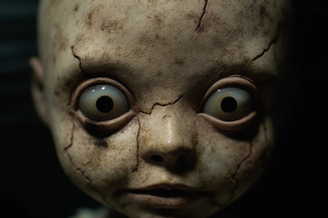 Wall Mural - close up of the face of a creepy horror doll. generative AI