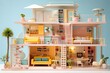 Fancy doll house interior, children toy, lots of pink plastic, pastel colors, kitchen