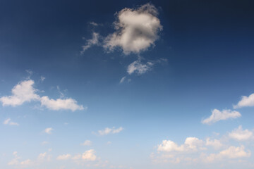 Wall Mural - sunny weather forecast background. blue sky with white clouds above horizon in morning light